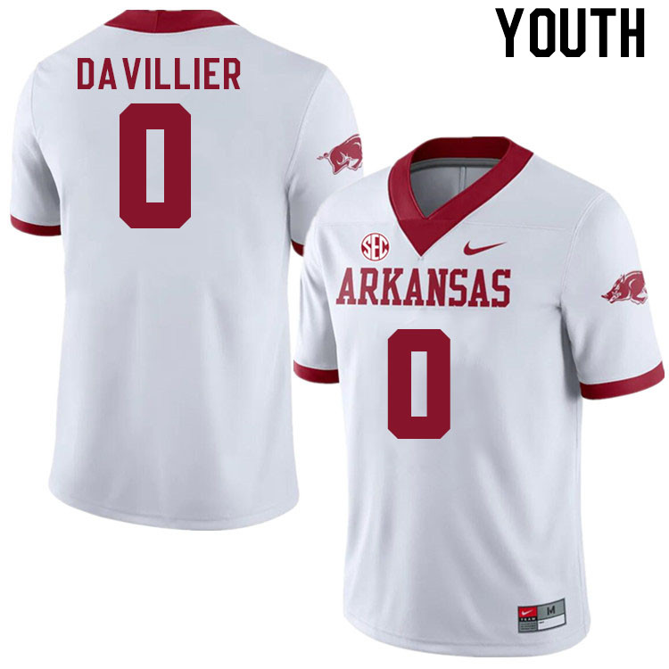 Youth #0 Nico Davillier Arkansas Razorback College Football Jerseys Stitched Sale-Alternate White